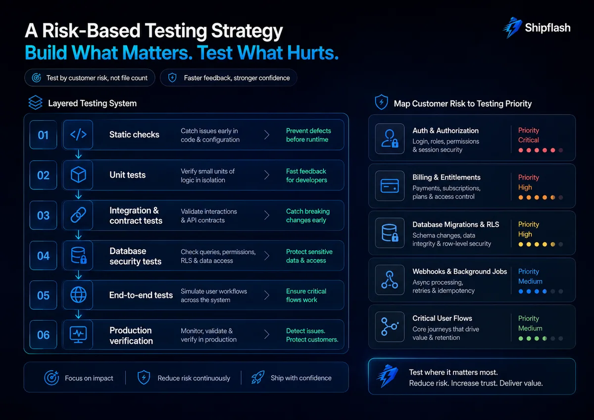 Next.js SaaS testing dashboard showing Vitest, Playwright, Supabase, automated checks, and a failing checkout test before production.