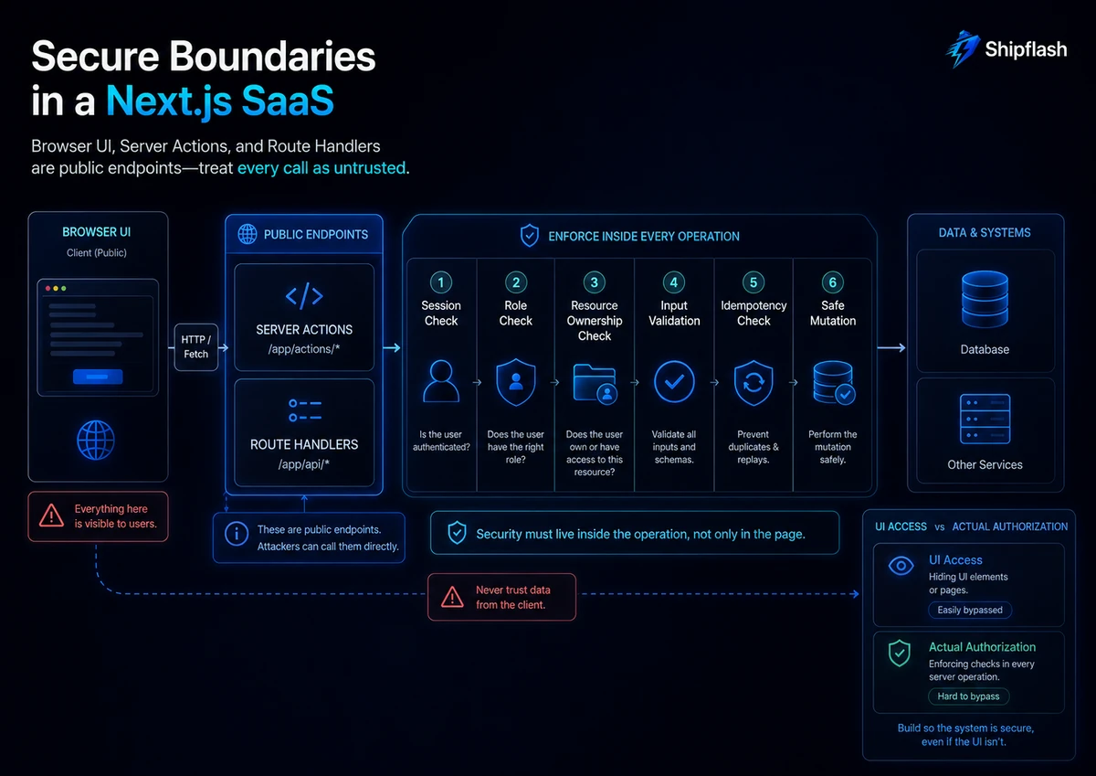 Next.js security flow showing session, role, resource ownership, input validation, idempotency, and safe mutation checks for Server Actions and Route Handlers.