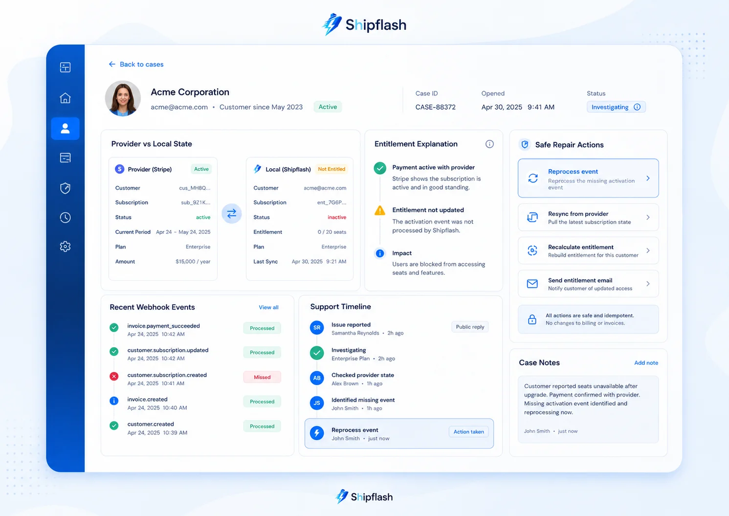 Customer support investigation comparing billing provider and local entitlement states before safely reprocessing a missing event