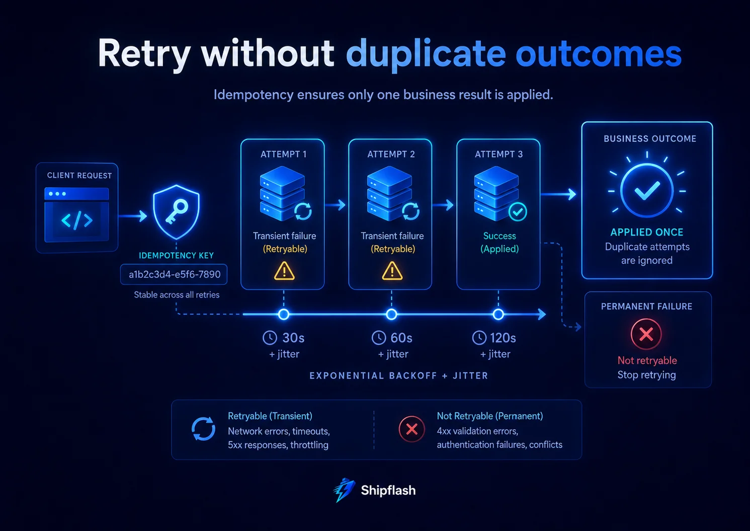 Idempotent retry flow using a stable key, exponential backoff, and one applied business outcome.