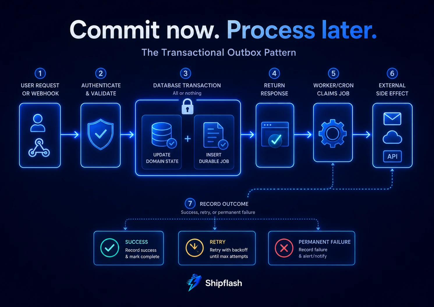 Transactional outbox flow from a user request through a database transaction, worker, external side effect, and retry outcome.