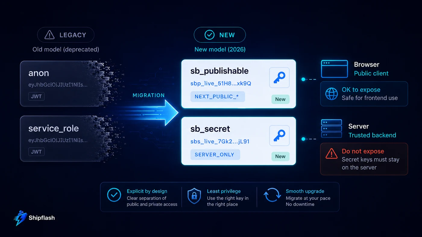 Supabase API key migration showing publishable keys for browser clients and secret keys for trusted servers