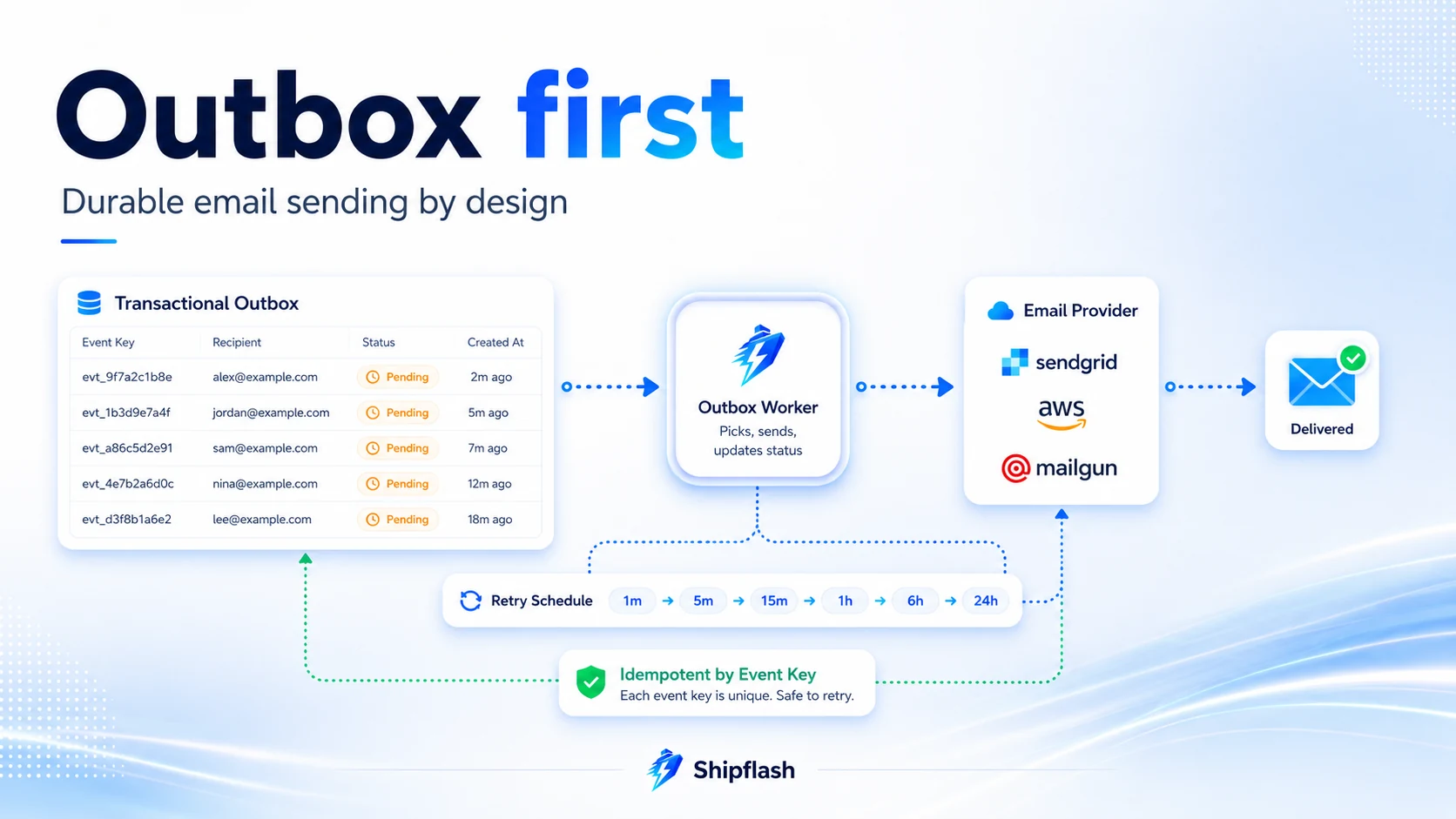 Transactional email outbox architecture with a delivery worker, retry schedule, idempotent event keys, and email provider.