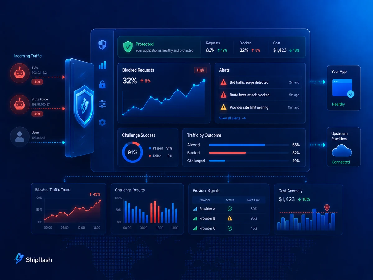SaaS abuse-monitoring dashboard showing blocked traffic, challenge success, provider limits, alerts, and cost anomalies.