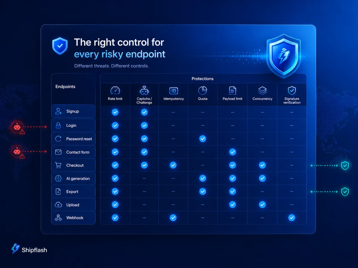 Endpoint protection matrix matching signup, login, checkout, AI generation, uploads, and webhooks with appropriate security controls.
