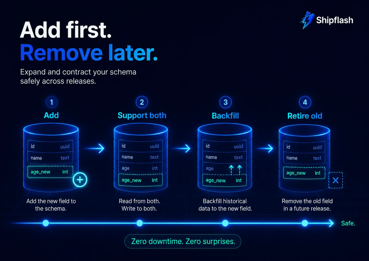 Four-step expand-and-contract database migration showing how to add a new field, support both versions, backfill data, and retire the old field