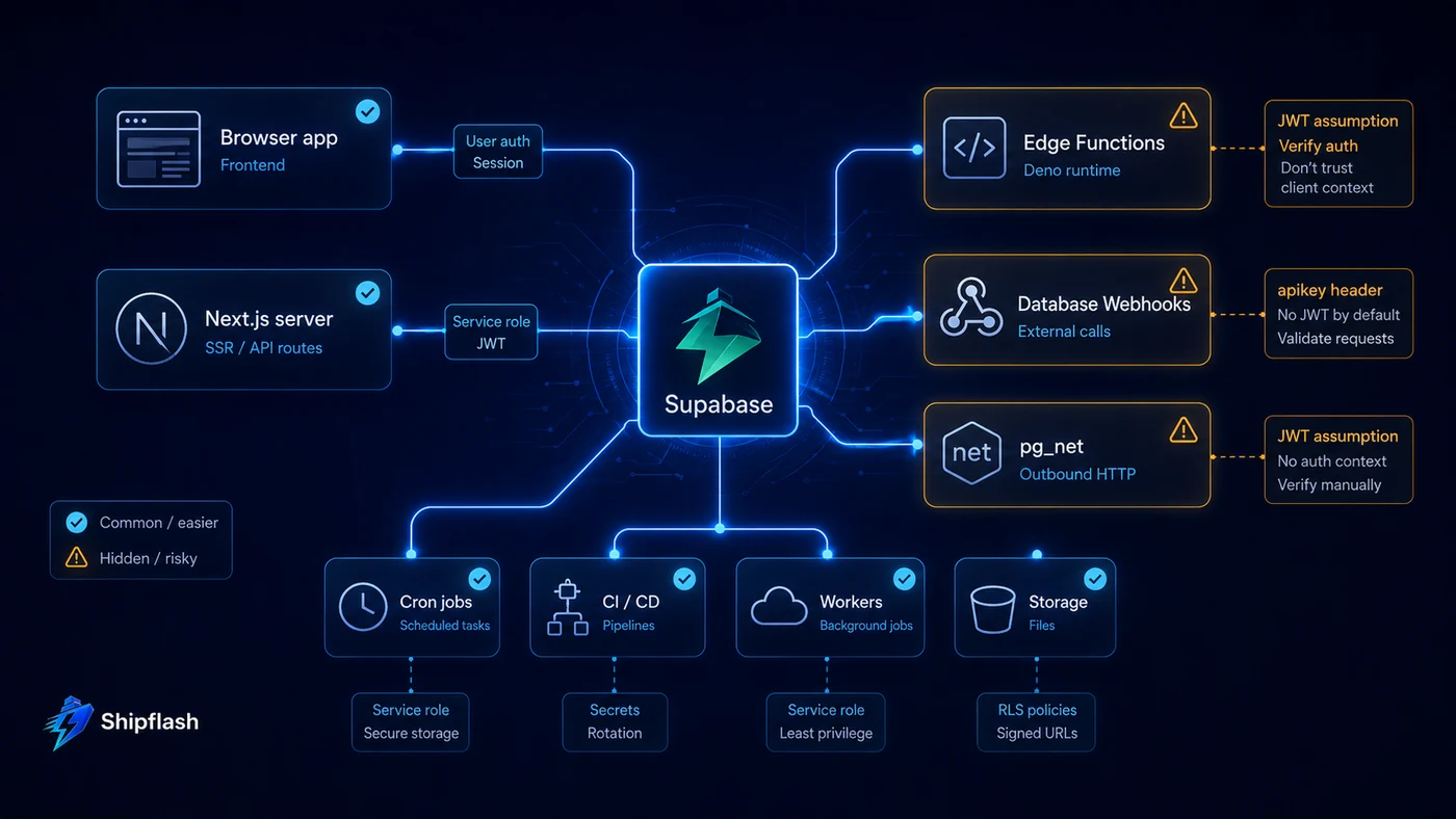 Supabase architecture map highlighting API key migration risks across Edge Functions, database webhooks, pg_net, cron jobs and workers