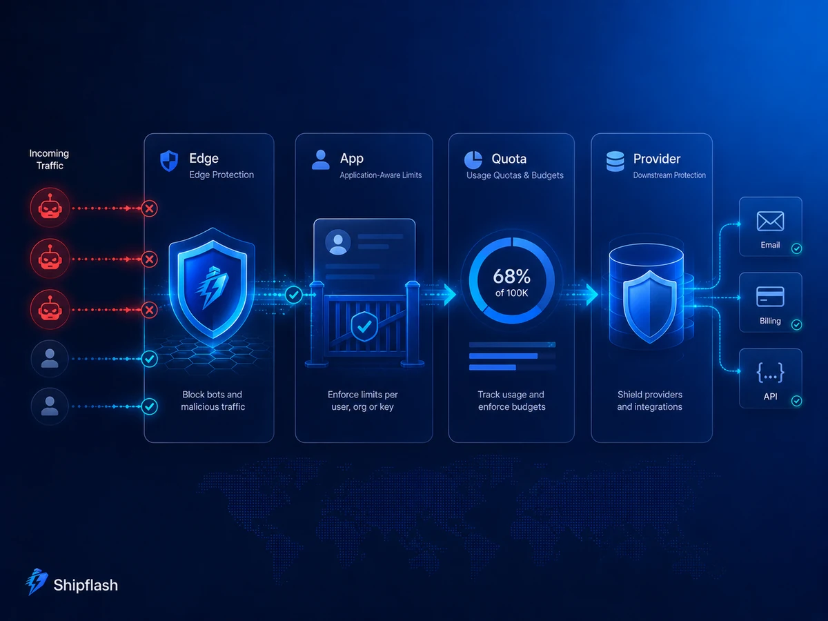 Four-layer SaaS abuse-prevention architecture covering edge filtering, application limits, quotas, and provider protection.