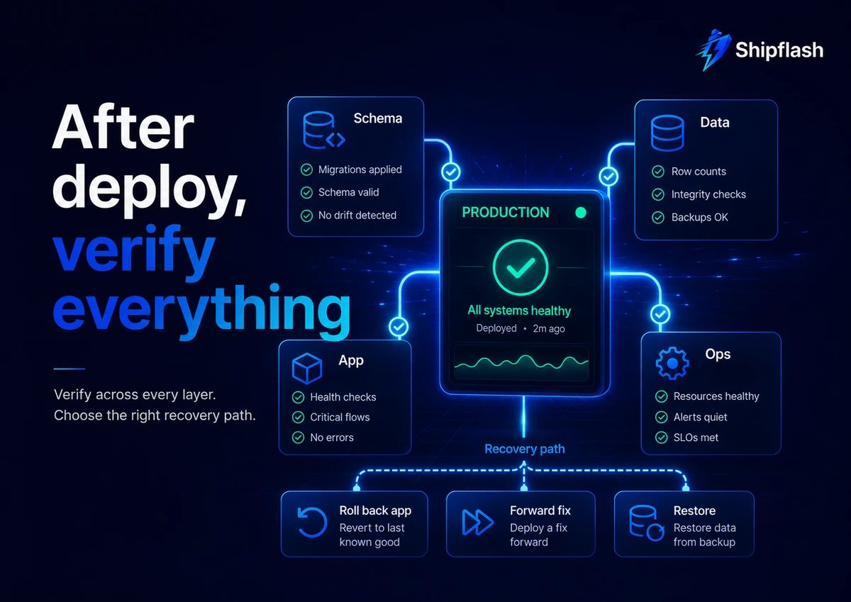Post-deployment verification dashboard checking database schema, data integrity, application health, operations, and available recovery paths