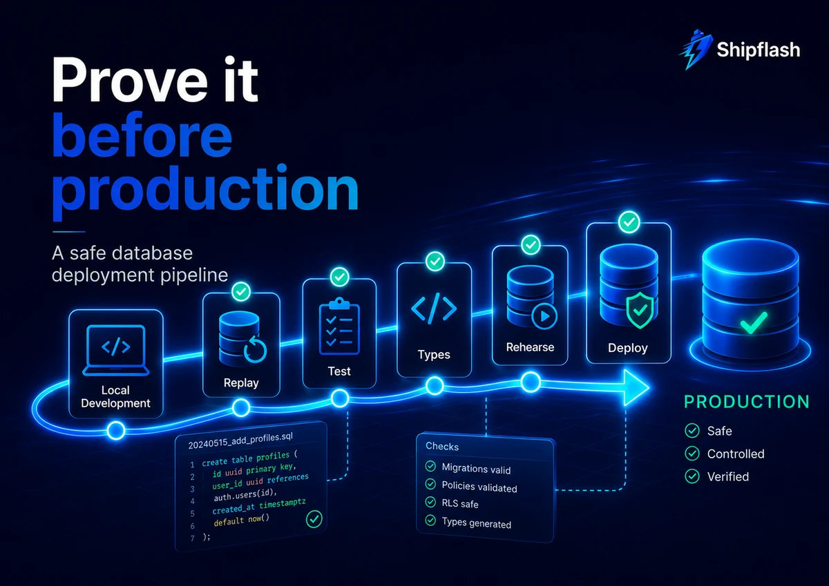 Production-safe database migration pipeline covering local development, migration replay, testing, generated types, staging rehearsal, and controlled deployment