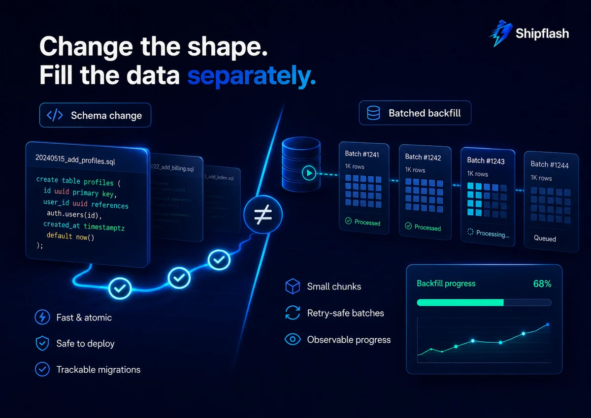 Comparison between an atomic database schema migration and a batched, retry-safe data backfill with observable progress