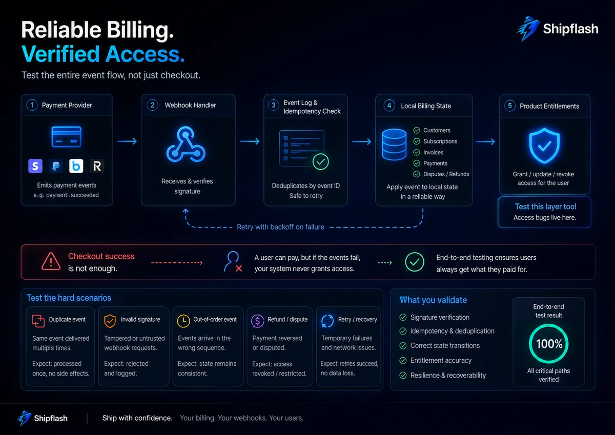 SaaS billing test flow from payment provider and webhook verification through idempotency, local billing state, and product entitlements.