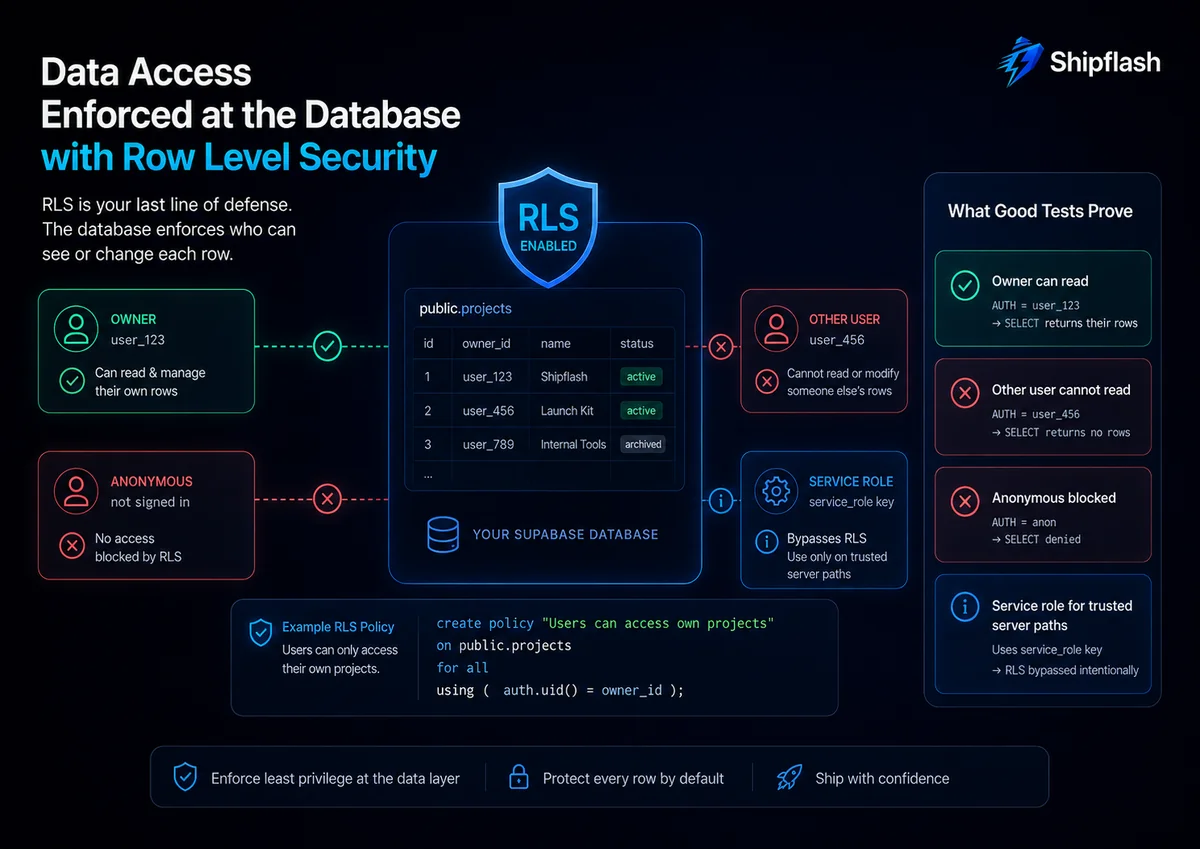 Supabase Row Level Security diagram showing allowed owner access, blocked cross-user and anonymous access, and trusted service-role usage.