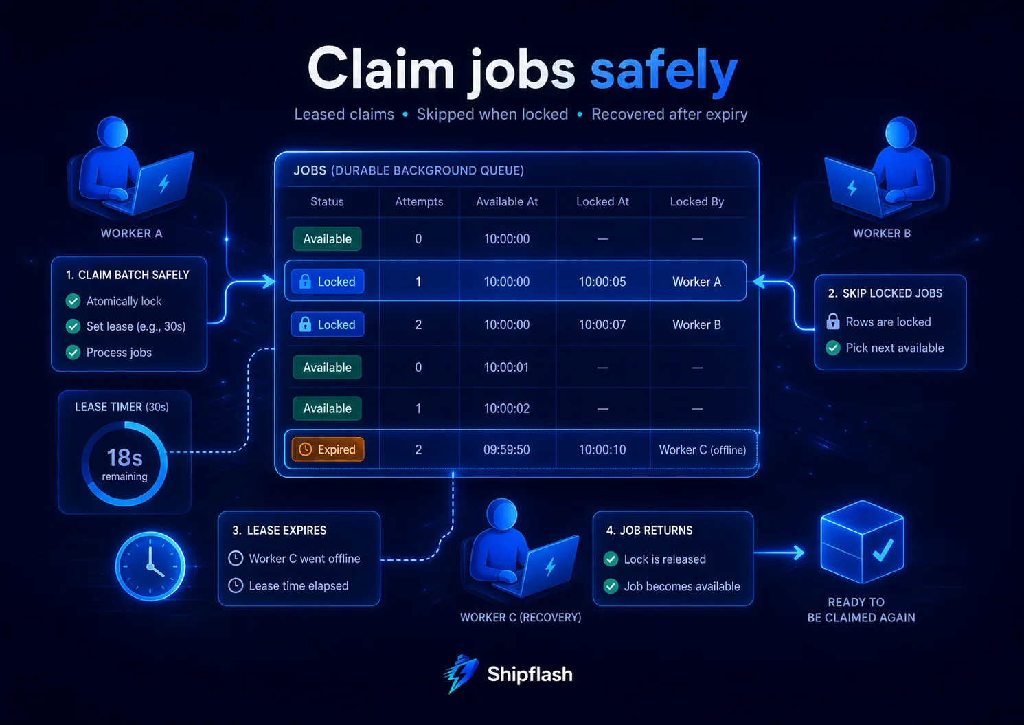 Multiple workers safely claiming leased background jobs while locked rows are skipped and expired jobs are recovered.