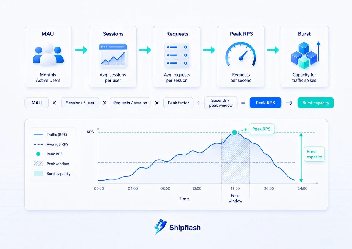 SaaS capacity planning diagram converting monthly active users, sessions, and requests into peak RPS and burst capacity